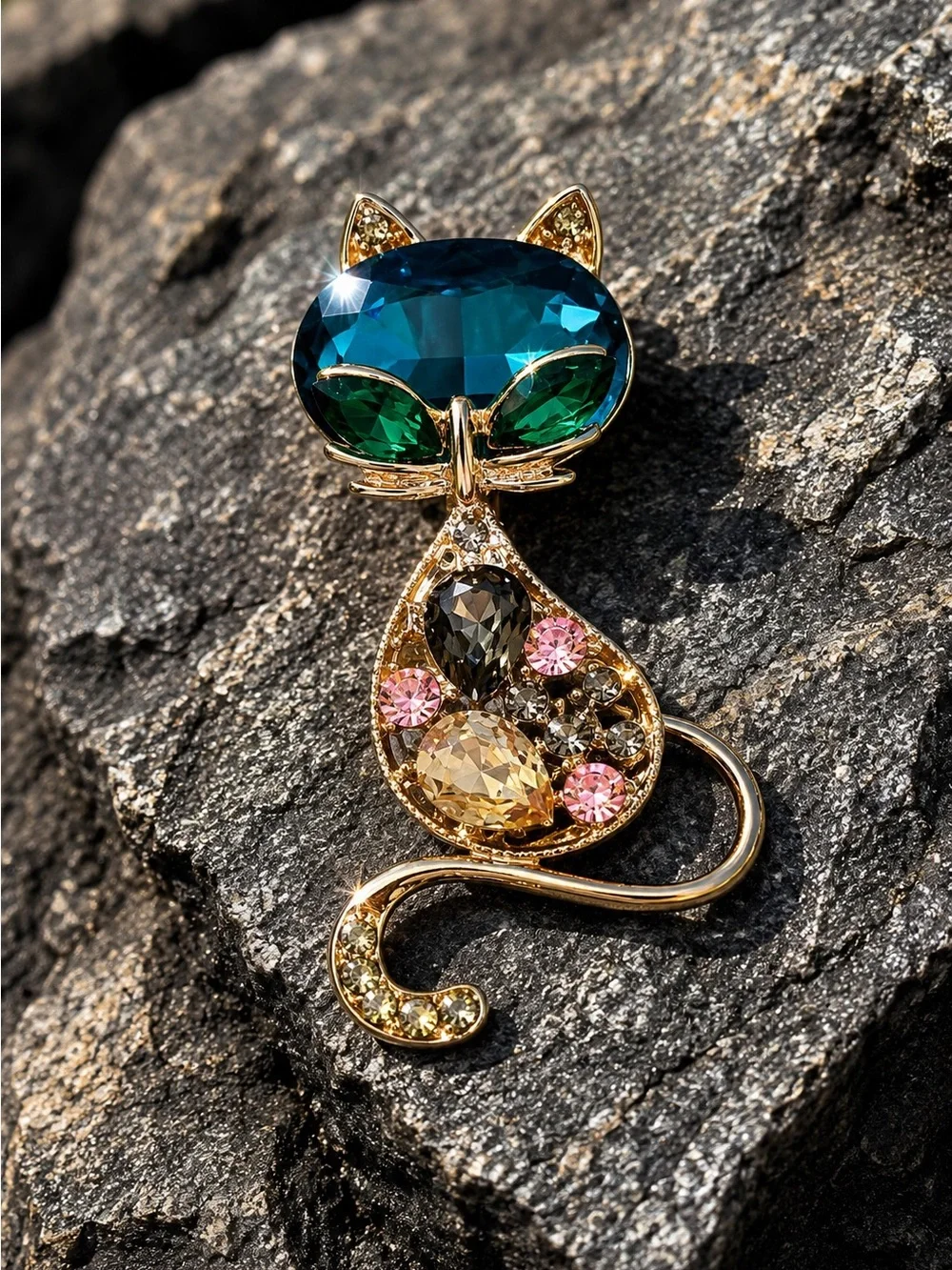 Gold tone Cat Brooch with Blue and Green Crystals - Elegant Pet-Inspired Jewelry